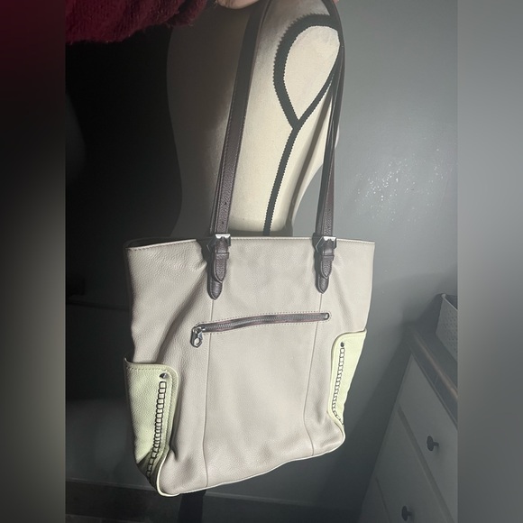 orYANY Brooklyn Pebble Leather Color Block Large Tote in Stone With a Pop of Sun - Picture 7 of 16